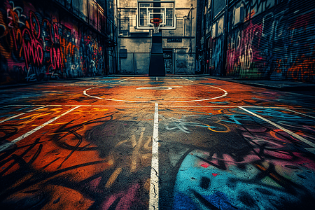 篮球场涂鸦城市街头篮球场背景