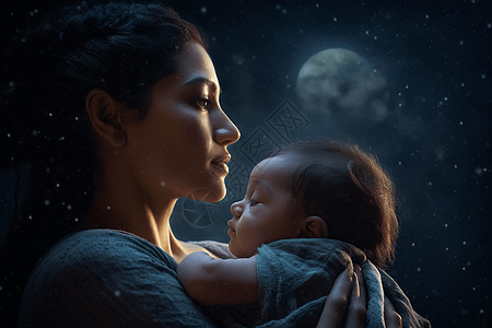 宇宙天梯母亲在星空下抱着小孩背景