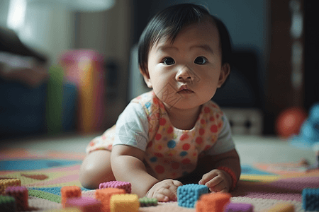 可爱的亚洲宝宝玩玩具图片