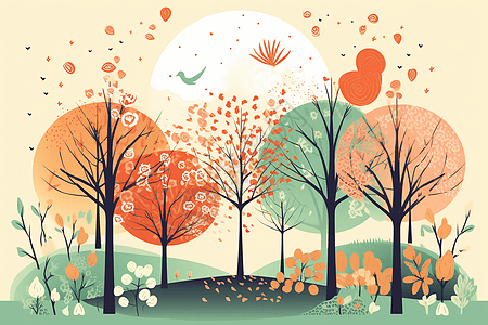 树木和花朵的春季插图背景图片