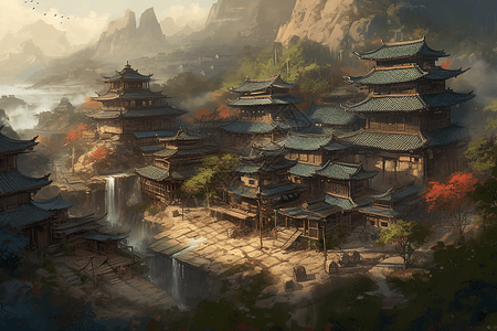 山上的中国建筑背景图片