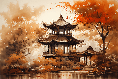 枫叶环绕的中国凉亭图片