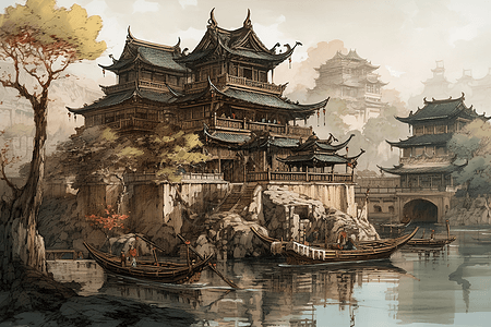 精美的中国宫殿水墨画图片