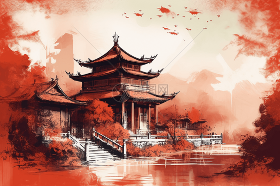 水墨画风格的中国宫殿图片