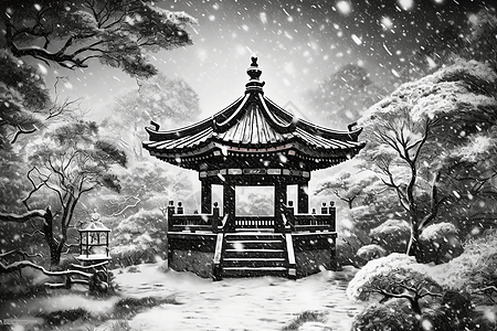 美丽花园中的一座亭子的雪景图片