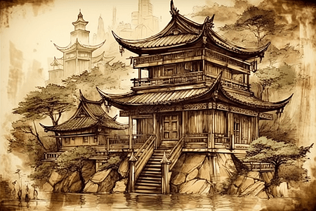 中国传统水墨风古建筑图片