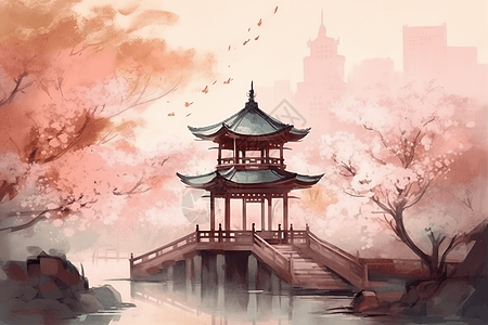樱花树下美丽的亭子插画背景图片