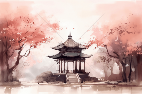 樱花树下美丽的亭子插画图片