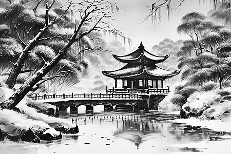 雪后湖里的亭子插画图片