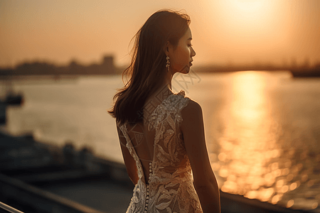 海景婚纱夕阳下的模特背影背景