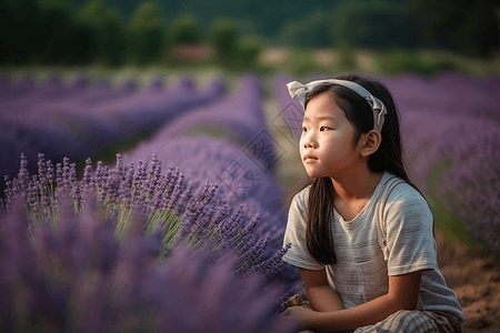 紫色薰衣草景色中的女孩图片