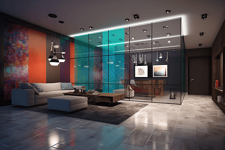 彩色玻璃装饰墙风格的现代室内设计背景图片