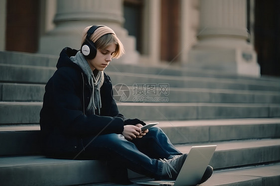 男孩坐在图书馆外的台阶上学习和听音乐图片