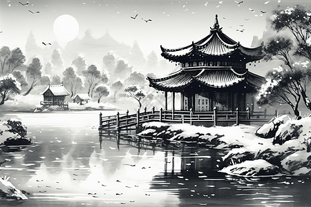 江岸上的中国馆雪景背景图片