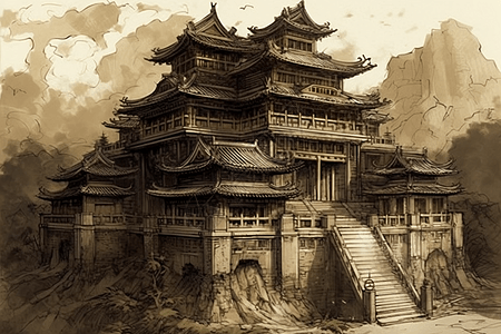 美丽的中国宫殿水墨画图片