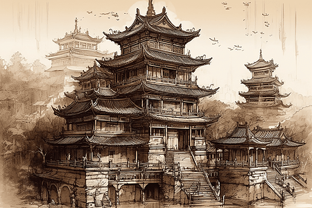 一幅美丽的中国宫殿水墨画图片
