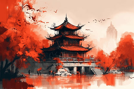 水墨画风的中国宫殿背景图片
