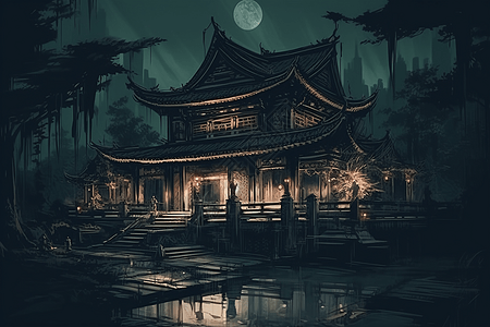 古代夜景 图画图片