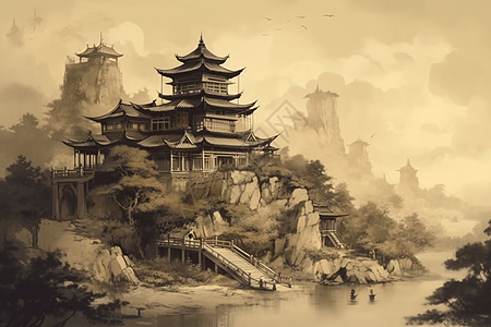 传统水墨风的中国宫殿图片