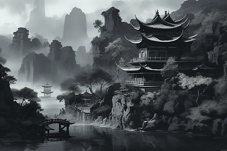 黑白水墨风中国宫殿图片