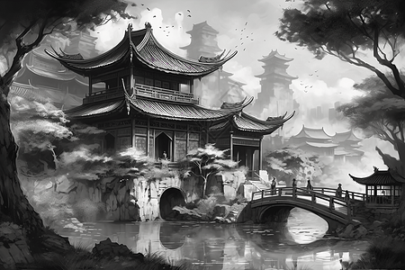 传统水墨画中国宫殿图片