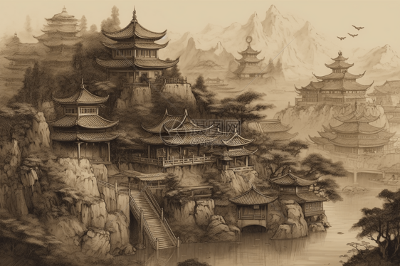水墨画单色中国宫殿图片
