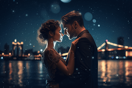 浪漫而的夫妇在夜空下接吻图片