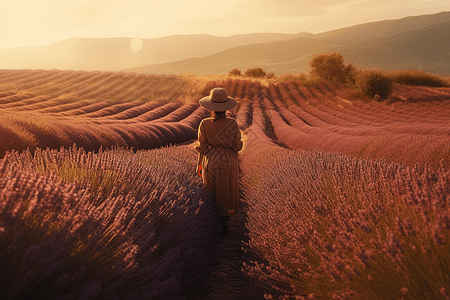 一个人站在薰衣草的田野里高清图片
