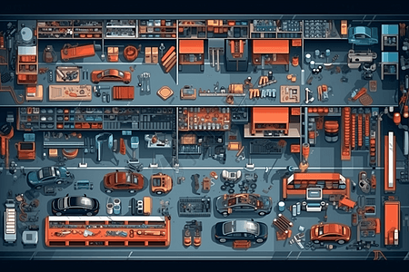 展示背景城市汽修厂平面图插画