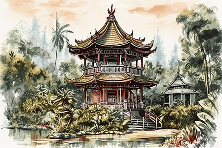 热带花园里的中式建筑图片