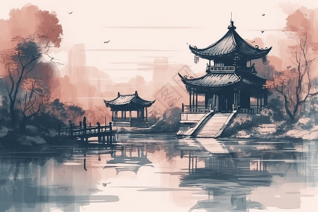 宁静池塘中的中国馆背景图片