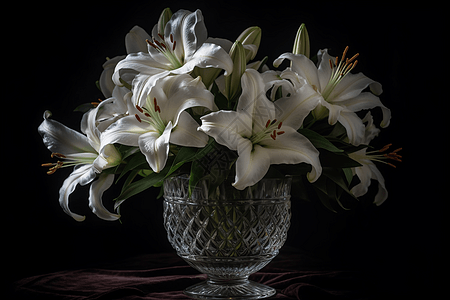 水晶花瓶中的白色百合花图片