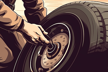 修理工检查车胎中的气压高清图片