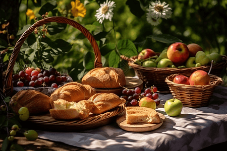 春天在花园里野餐有篮子面包馅饼苹果葡萄图片