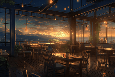 落日梦幻的餐厅插图图片