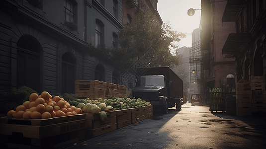 城市街道中的果蔬运送车图片