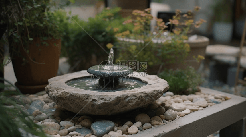 装饰岩石和绿植包围的小型喷泉图片