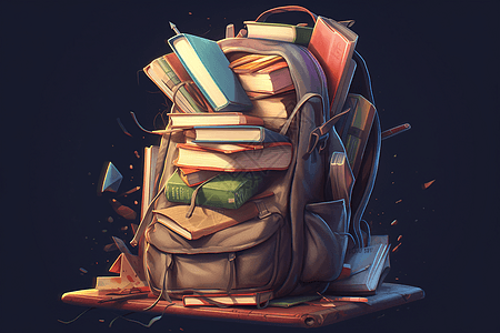 一个背包里满是书本和学习用品高清图片