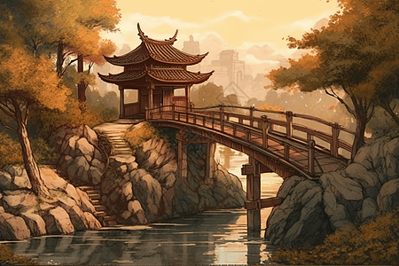 一座传统的中国木桥水墨插画图片