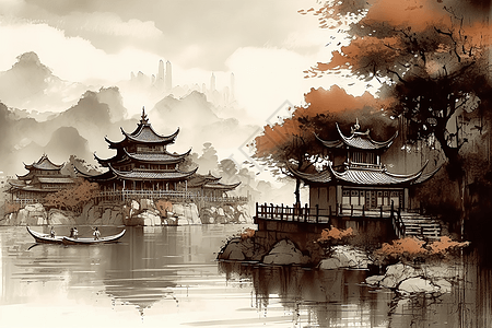 中式传统水彩画图片