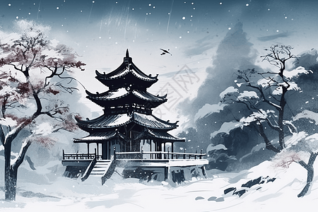 雪域山水中的中式建筑插画图片