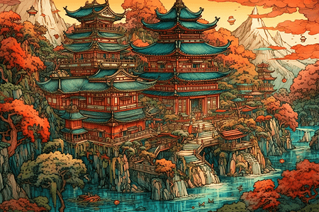 令人惊叹的中式建筑插画背景图片