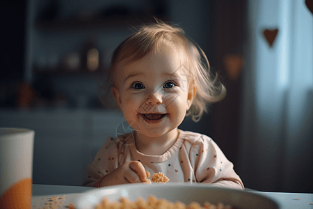 微笑着吃食物的婴儿图片