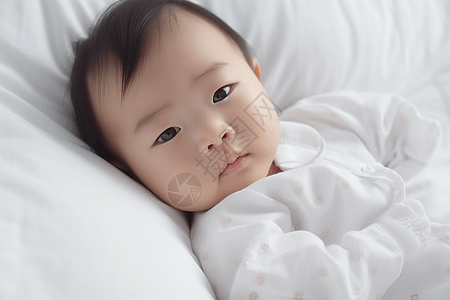 儿童艺术照睡在柔软的白色床上的可爱亚洲宝宝背景