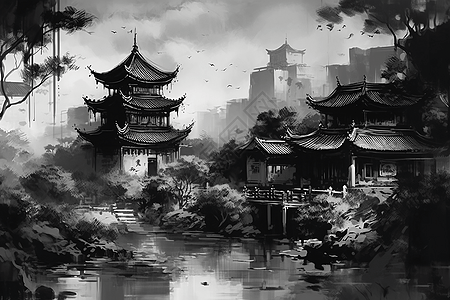 水墨中式插画背景图片