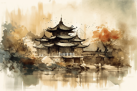 中国风建筑风景插画图片