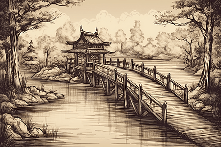 精致水墨画风格的中国木桥图片