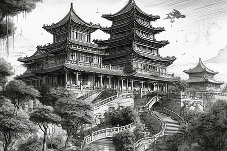 中式宫殿水墨插画图片