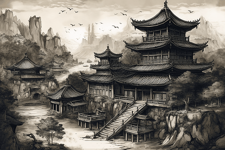 中式宫殿建筑插画图片