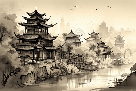 传统中式建筑水墨插画图片